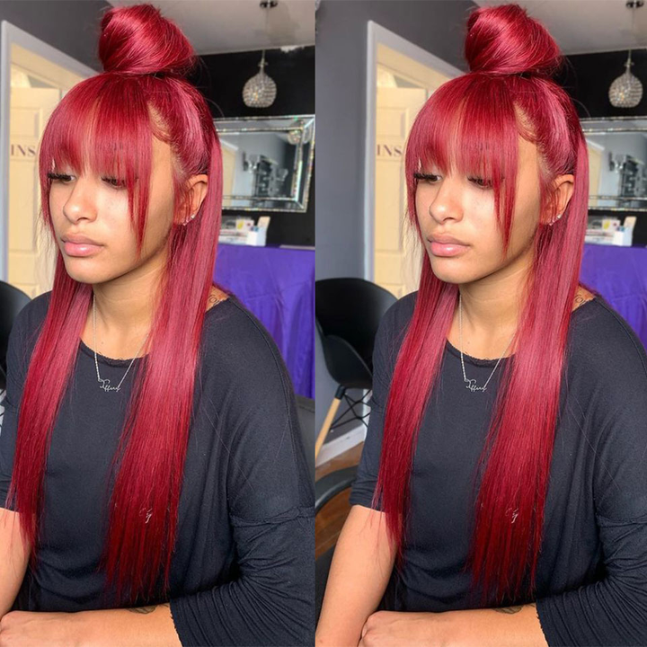 BURG Straight Hair Full Machine Made None Lace Front Wigs With Bangs