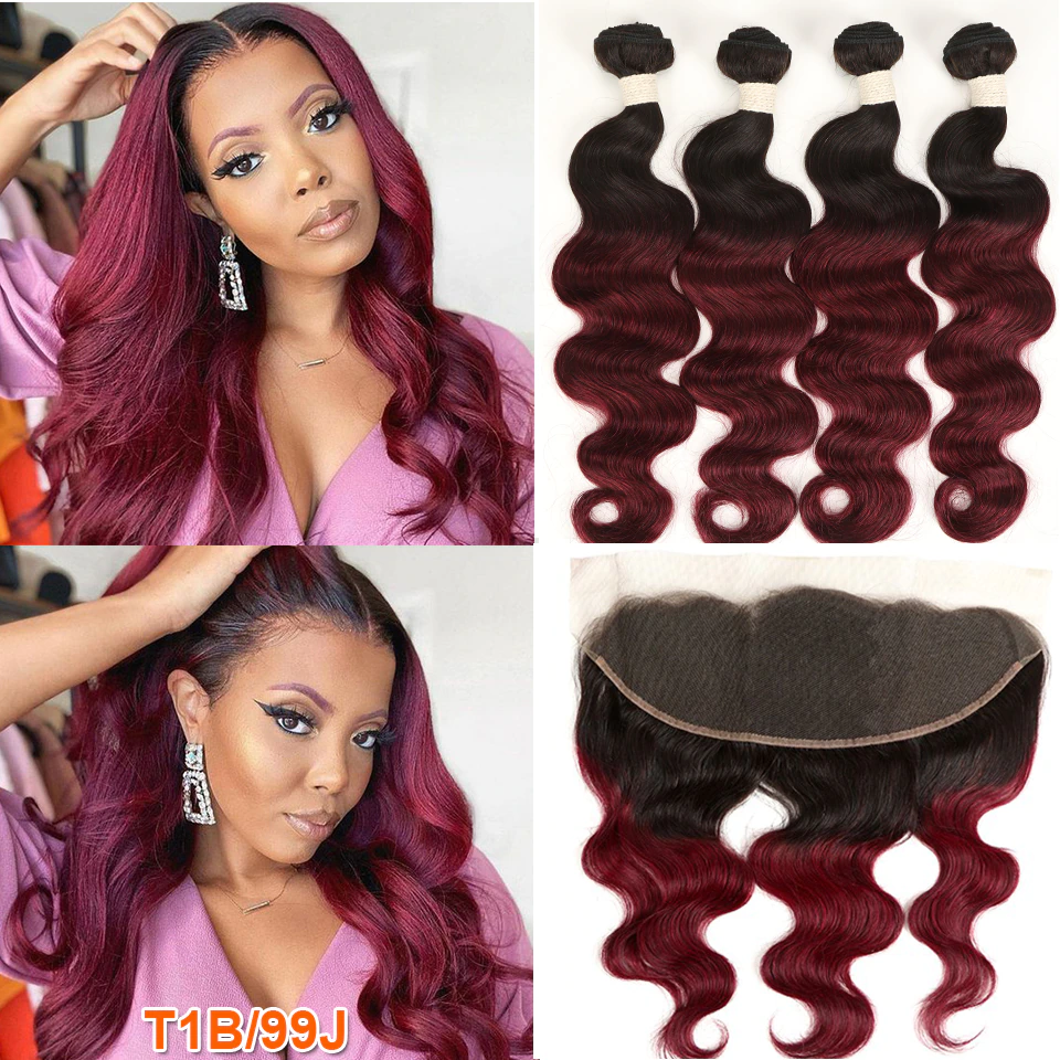 lumiere 1B/99J Ombre Body Wave 4 Bundles With 13x4 Lace Frontal Pre Colored Ear To Ear