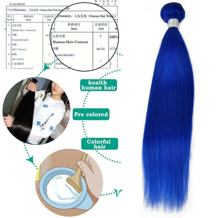 Klein Blue Colored Straight 3 Bundles with 4x4 HD Lace Closure Human Hair Extensions