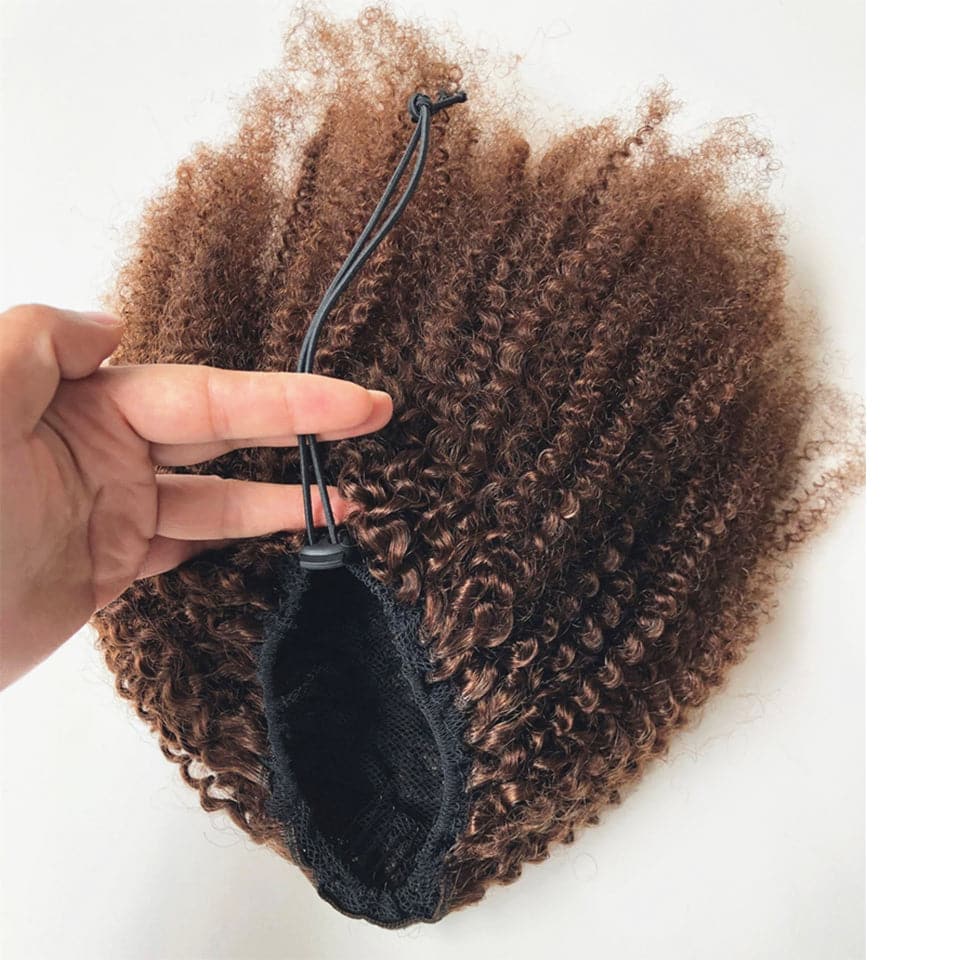 Chocolate Brown Afro Curly Drawstring Ponytail Human Hair Non-Remy For African American