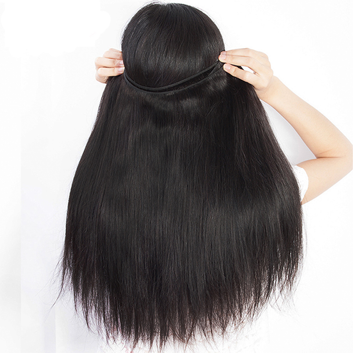 Cheveux raides 4 faisceaux avec 4*4 fermeture à lacet brésilien dentelle transparente de cheveux humains
