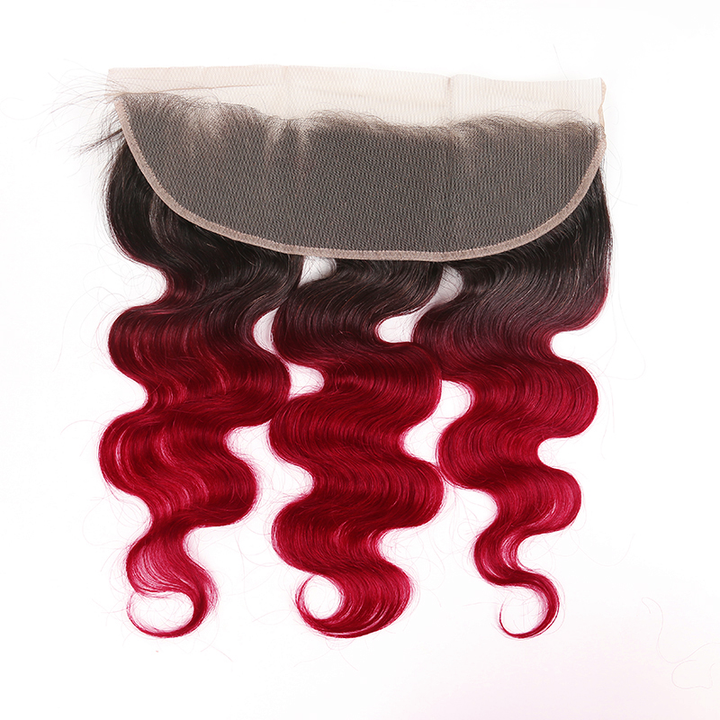 1B/BURG Ombre Body Wave 3 Bundles With 13x4 Lace Frontal Pre Colored Ear To Ear