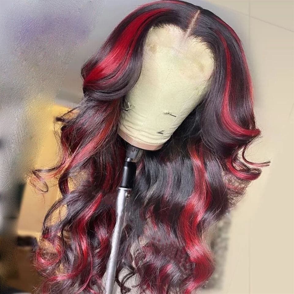 Ombre Noir Bourgogne mis en évidence Body Wave 13X4 / 4x4 Lace Frontal Wigs