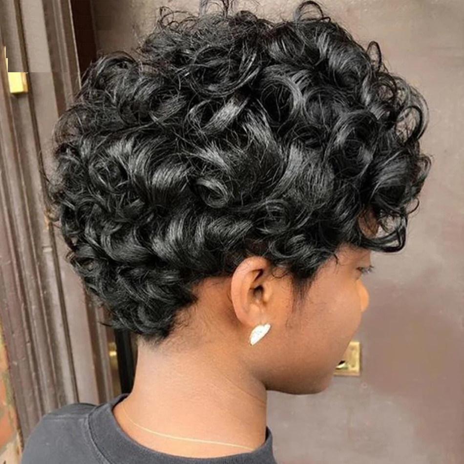 Ship In 24Hours-Lumiere Natural Black 13x1 Lace Loose Curly Short Pixie Cut Bob Wigs For Women