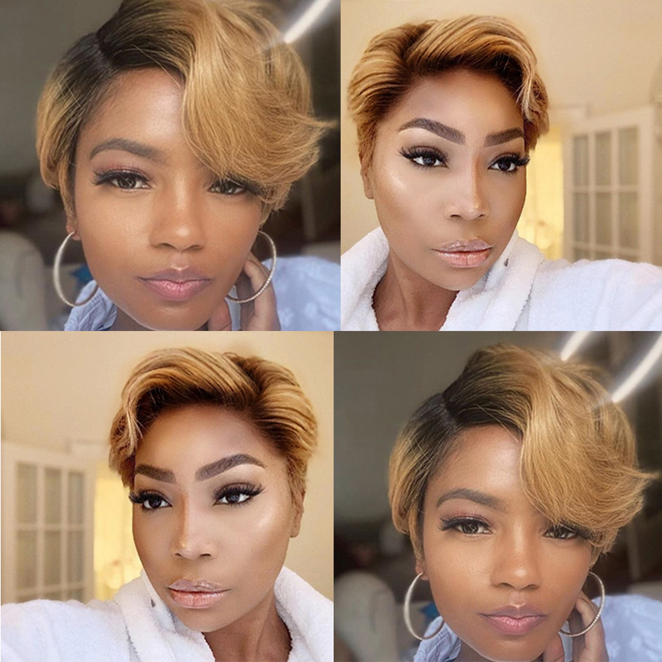 1B/27 13x1 T Lace Side Part Straight Short Pixie Cut Bob Perruques Pour Femmes