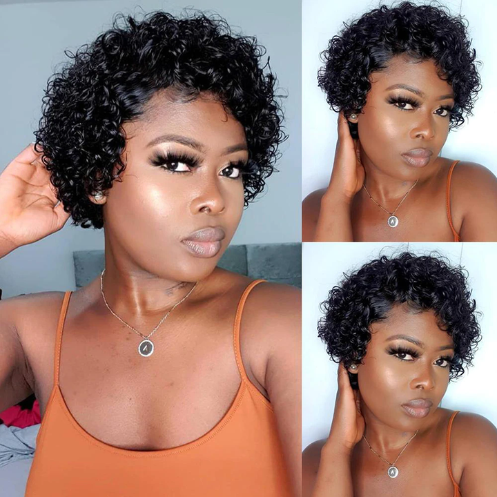 AMZ Pixie Cut Curly Bob 100% Human Hair Full Machine Made None Lace Gift Wigs