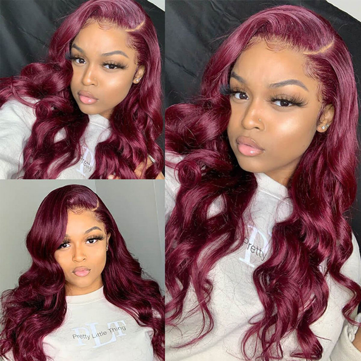 Red Bundles 99J Body Wave 3 Bundles With 13x4 Lace Frontal Pre Colored Ear To Ear