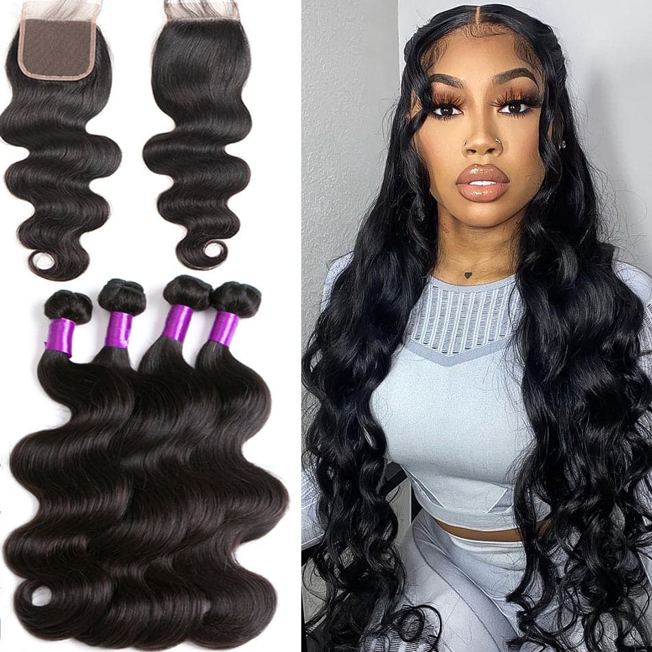 Indian Body Wave 4 Bundles With 4X4 Transparent Lace Closure Brazilian Human Hair