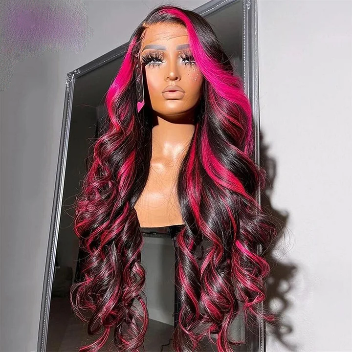 Black With Pink Highlight Stripes Body Wave Lace Front Wig 100% Real Human Hair