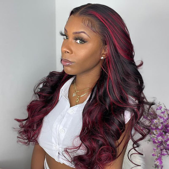 Ombre Noir Bourgogne mis en évidence Body Wave 13X4 / 4x4 Lace Frontal Wigs