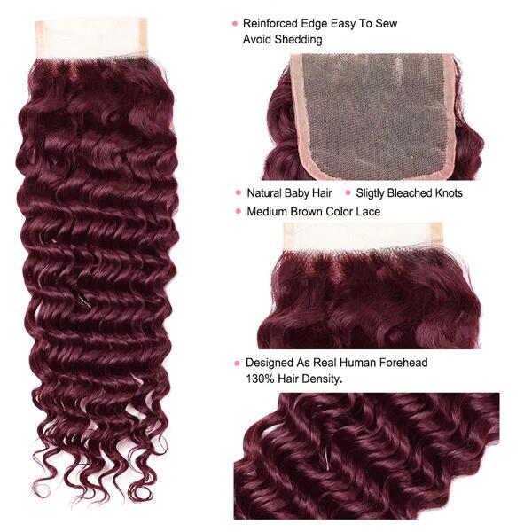 Red Bundles 99J Colored Deep Wave 3 Bundle With 4X4 Closure HD Transparent Lace