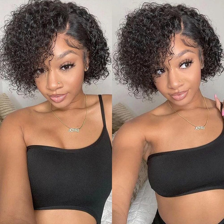 Natural Black 13x1 T Lace Side Part Kinky Curly Short Pixie Cut Bob Wigs For Women
