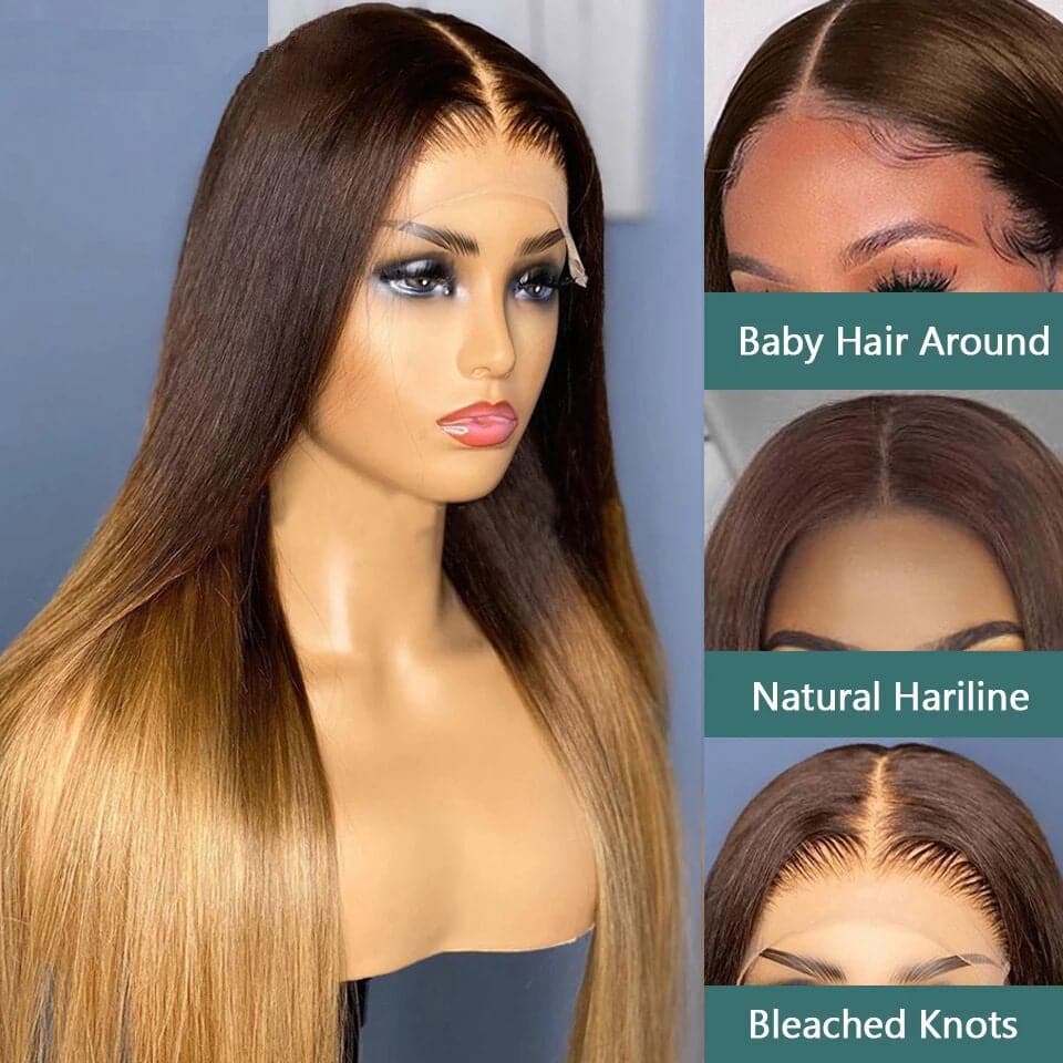 Skunk Stripe Straight 4X4 13X4 Lace Frontal Wig for Black Women T4/27 Ombre Color Hair