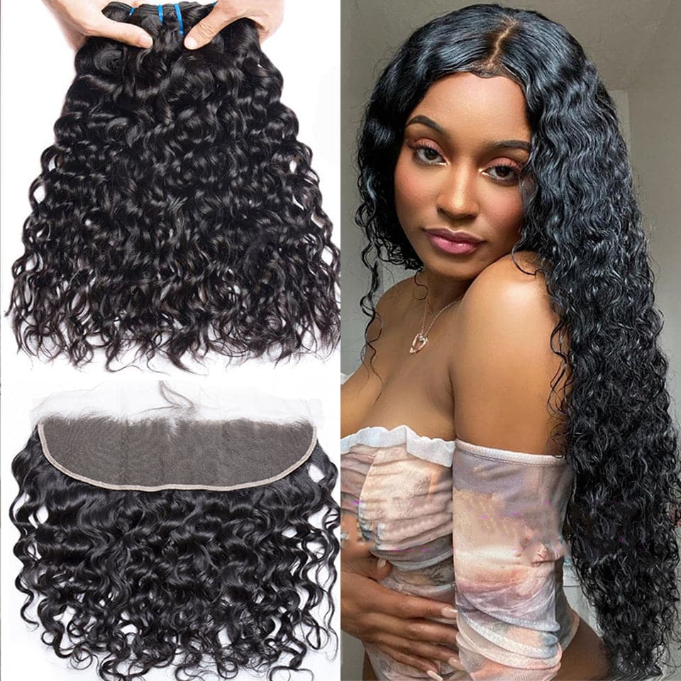 lumiere Malaysian 3 bundles with 13X4 lace frontal water wave Virgin Human Hair Extension - Lumiere hair