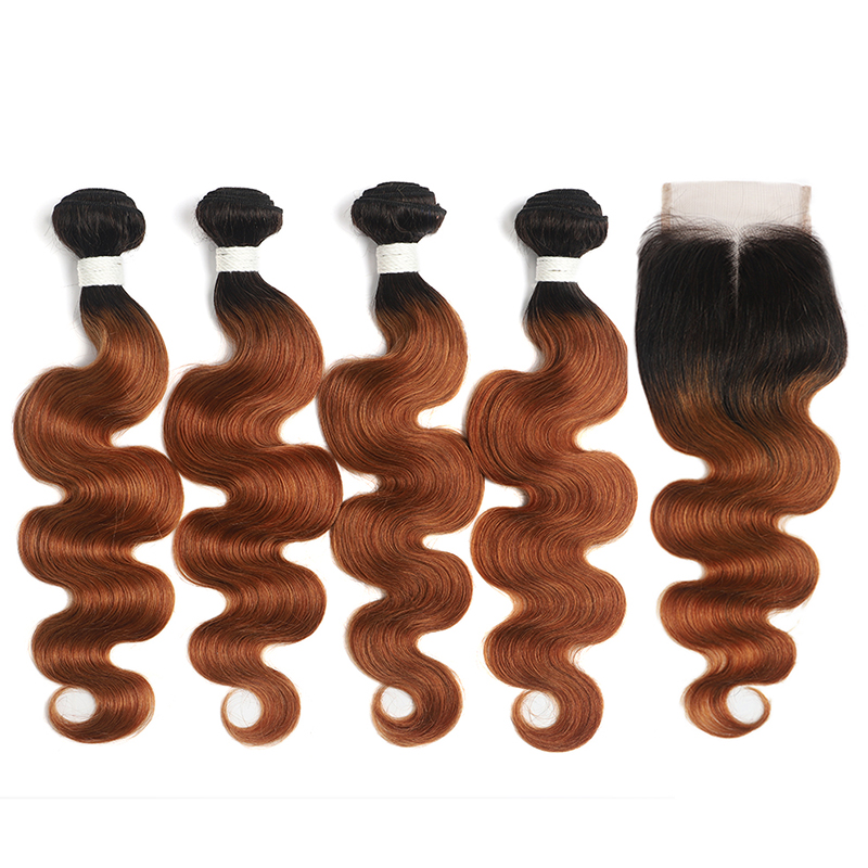 lumiere 1B/30 Ombre Body Wave 4 Bundles With 4x4 Lace Closure Pre Colored human hair - Lumiere hair