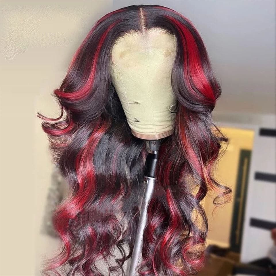 Ombre Noir Bourgogne mis en évidence Body Wave 13X4 / 4x4 Lace Frontal Wigs
