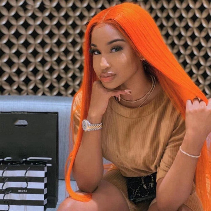 Perruques de cheveux humains droites oranges à lacets avec fermeture à lacets avec des cheveux de bébé pour les femmes