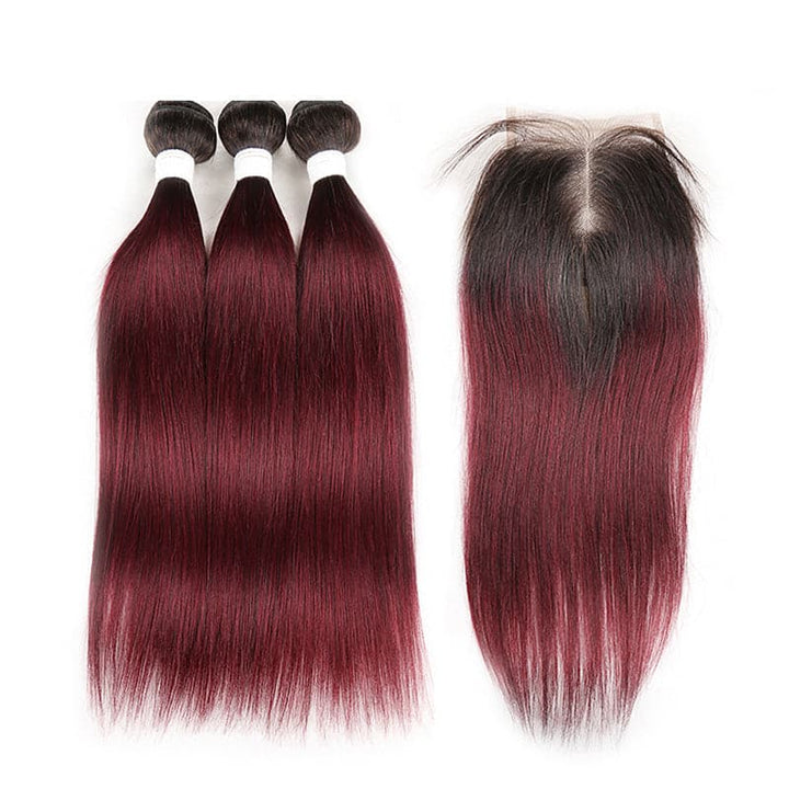 Ombre 1B/99J Straight Hair 3 Bundles With Closure 4x4 pre Colored 100% human hair - Lumiere hair