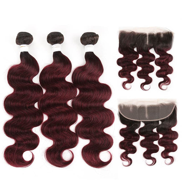 lumiere 1B/99J Ombre Body Wave 3 Bundles With 13x4 Lace Frontal Pre Colored Ear To Ear - Lumiere hair