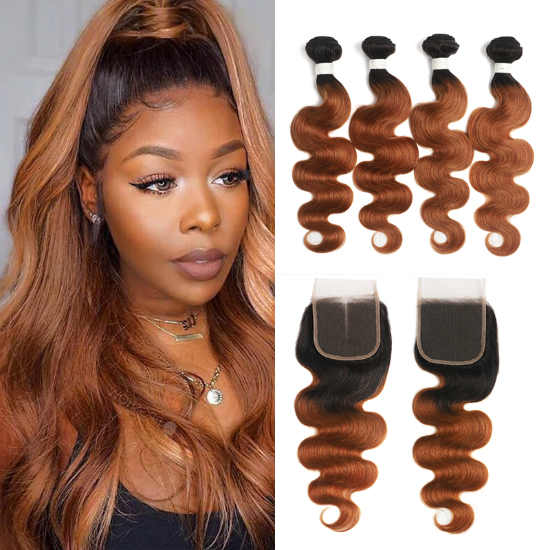 lumiere 1B/30 Ombre Body Wave 4 Bundles With 4x4 Lace Closure Pre Colored human hair - Lumiere hair