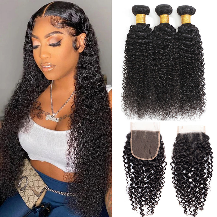 Kinky Curly 3 Bundles With Closure 5x5 lace 100% virgin human hair
