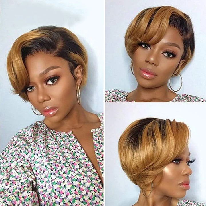1B/27 13x1 T Lace Side Part Straight Short Pixie Cut Bob Perruques Pour Femmes