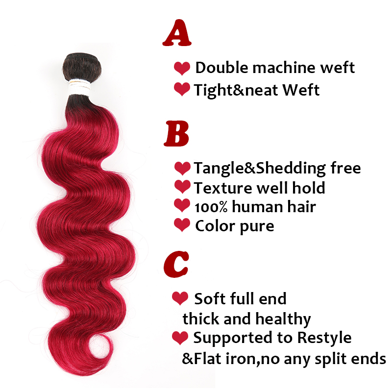 lumiere 1B/BURG Ombre Body Wave 3 Bundles 100% Virgin Human Hair Extension