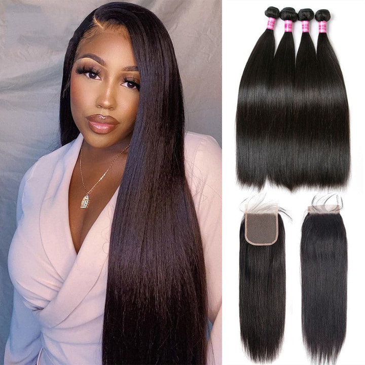 Straight Hair 4 Bundles With 4*4 Lace closure Brazilian Human Hair transparent Lace