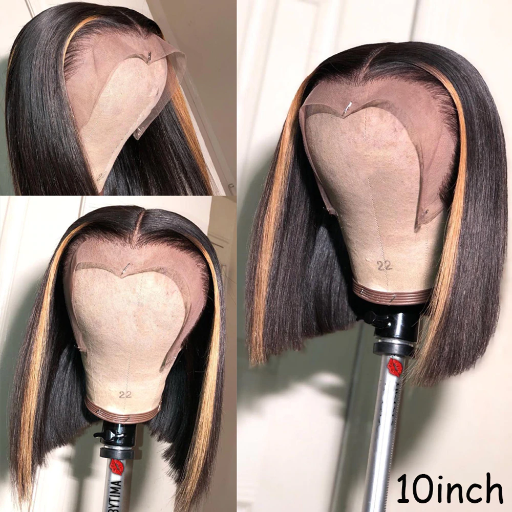 Honey Blonde Highlights Straight Short Bob 13x4 Lace Front Wig Natural Hairline