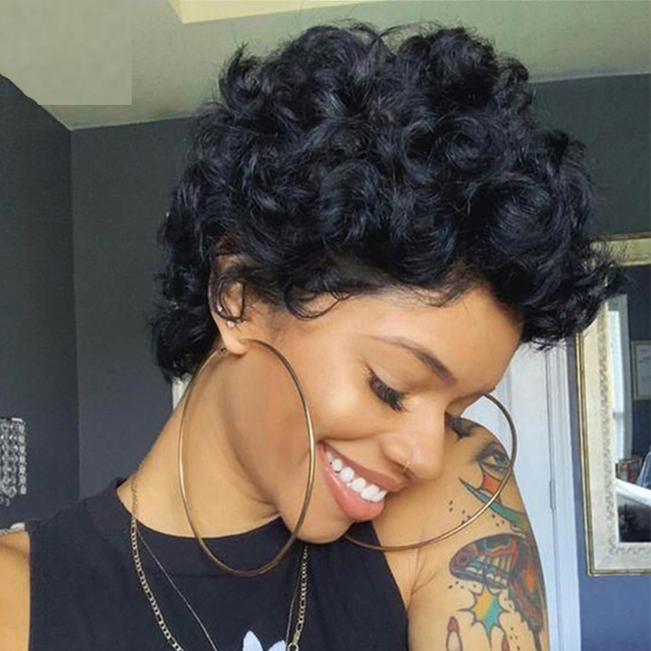 Ship In 24Hours-Lumiere Natural Black 13x1 Lace Loose Curly Short Pixie Cut Bob Wigs For Women