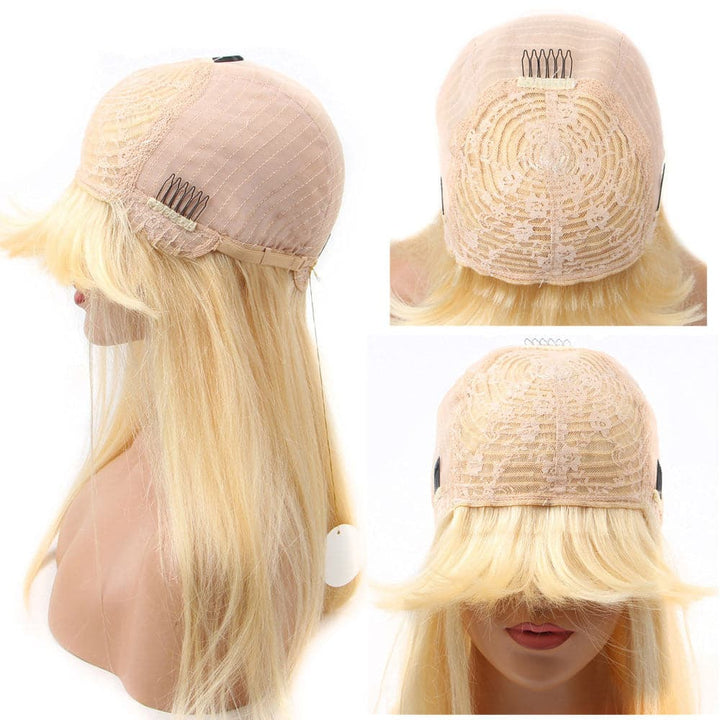 613 Blonde Straight Full Machine Made None Lace Front Wigs With Bangs For Women 12-24 Inches