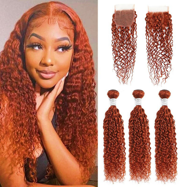 #350 Ginger Orange Water Wave 3 Bundles With 4X4 Lace Closure For Women Human Hair(No Code Need)