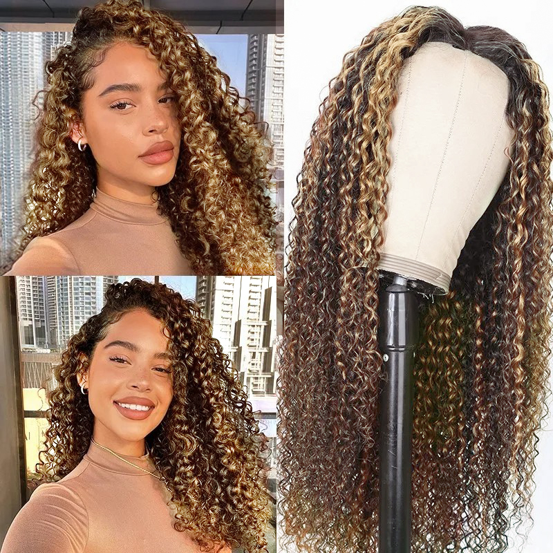 P4/30 Highlight Kinky Curly HD Lace Frontal Perruques de cheveux humains pour les femmes noires