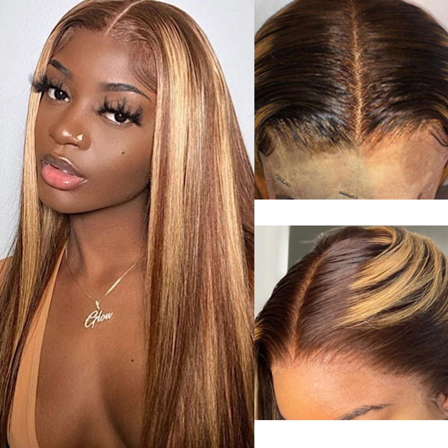 Highlight P4/27 Straight 3 Bundles with 13x4 Lace Frontal transparent lace