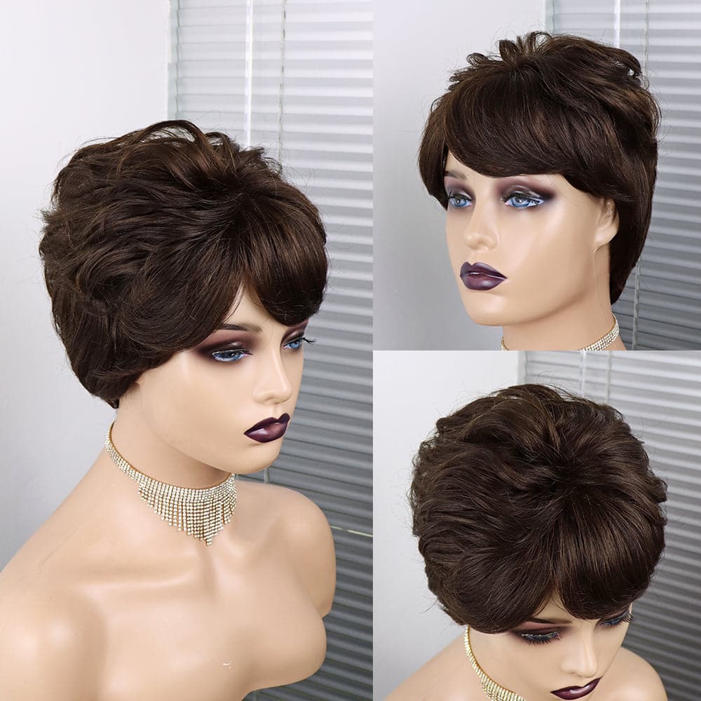 Ship In 24Hours-Lumiere Pixie Cut Wig Human Hair Short bob Full Manchine Made Wig With Bangs For Women
