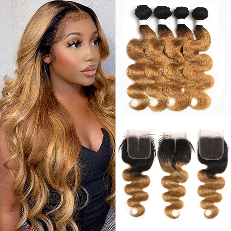 lumiere 1B/27 Ombre Body Wave 4 Bundles With 4x4 Lace Closure Pre Colored human hair - Lumiere hair