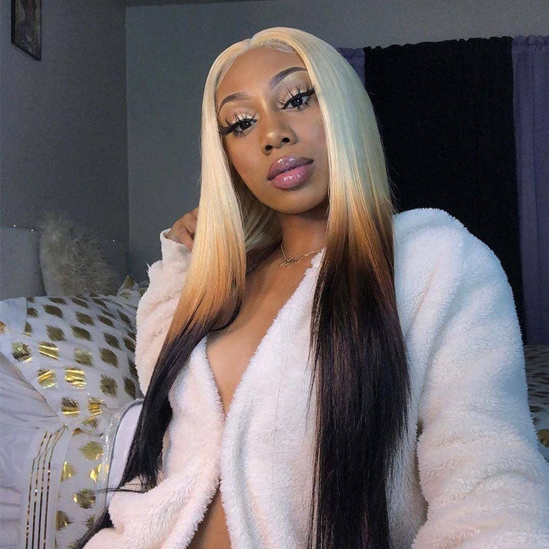 Ombre Blonde & Black Straight 13x4/4x4 Lace Closure perruque 150%/180% Densité