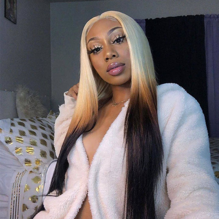 Ombre Blonde & Black Straight 13x4/4x4 Lace Closure perruque 150%/180% Densité