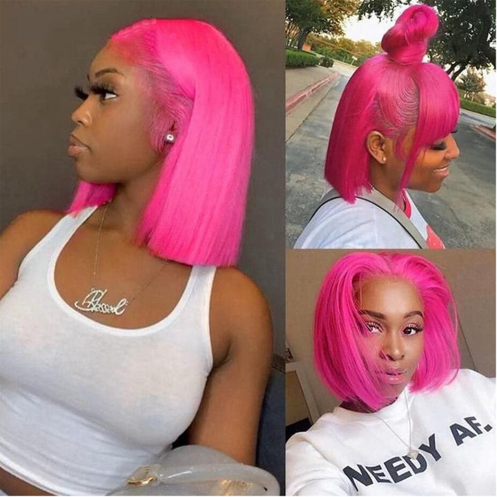 Hot Dark Pink Straight Short Bob  Lace Front Wig Human Hair Transparent Lace