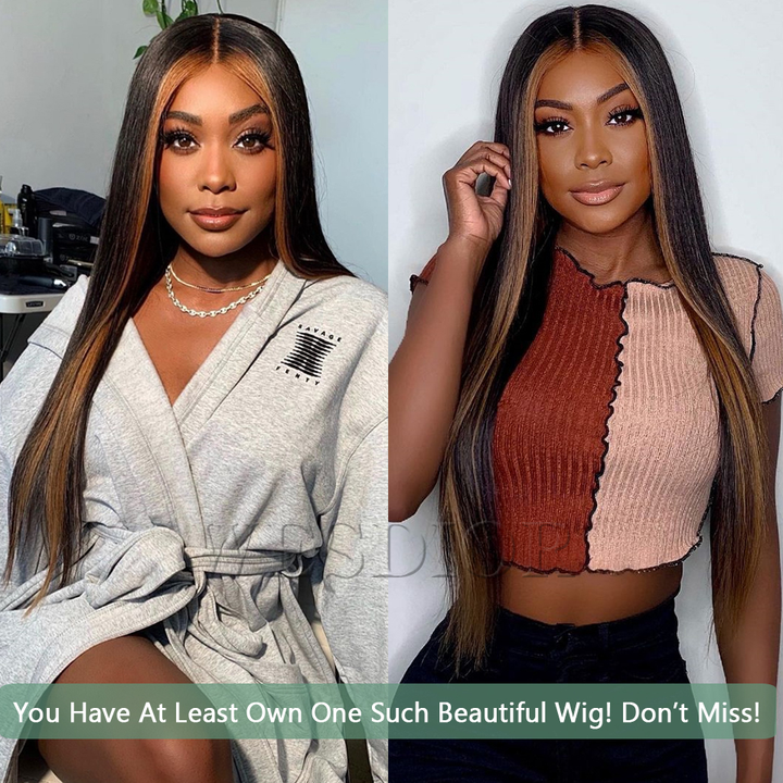 Honey Blonde Highlight Straight Lace Front Wig Natural Hairline