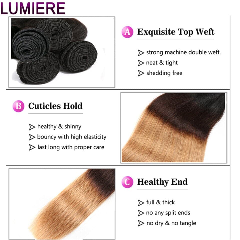 Malaysian Ombre 1b/4/27 Straight 4 Bundles with 4X4 lace Closure Human Hair - Lumiere hair