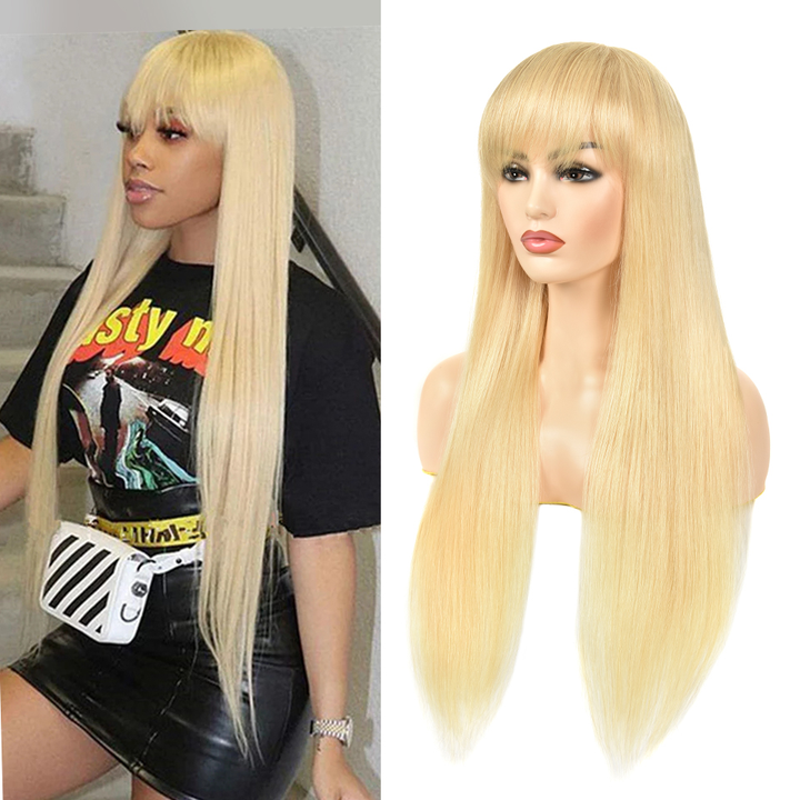 613 Blonde Straight Full Machine Made None Lace Front Wigs With Bangs For Women 12-24 Inches