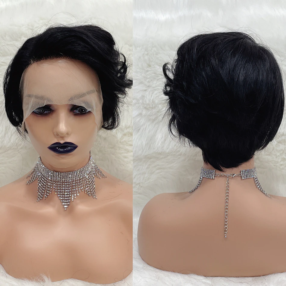 Naturel Noir 13x1 T Lace Side Part Straight Short Pixie Cut Bob Perruques Pour Les Femmes