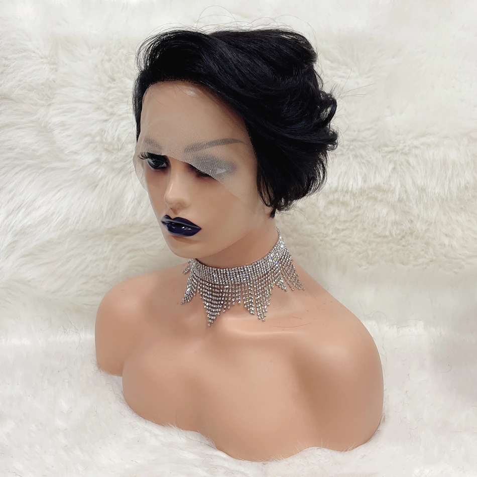 Naturel Noir 13x1 T Lace Side Part Straight Short Pixie Cut Bob Perruques Pour Les Femmes
