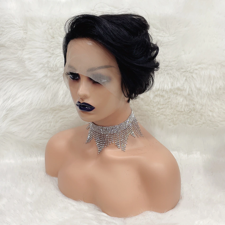 Natural Black 13x1 T Lace Side Part Straight Short Pixie Cut Bob Wigs For Women