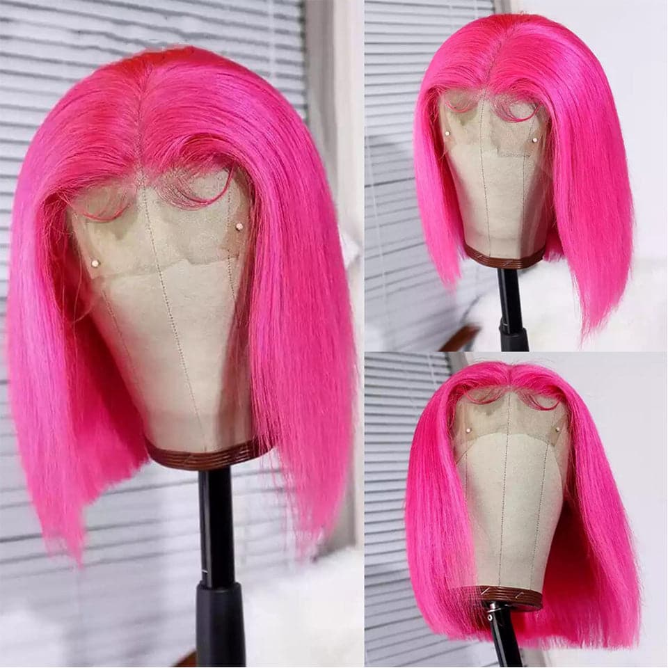 Hot Dark Pink Straight Short Bob  Lace Front Wig Human Hair Transparent Lace