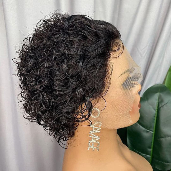 Ship In 24Hours-Lumiere #1b Y Part Curly Short Bob Pixie Cut Lace Front Human Hair Wig For Women