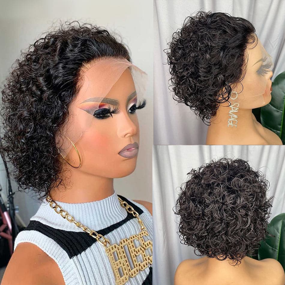 Ship In 24Hours-Lumiere #1b Y Part Curly Short Bob Pixie Cut Lace Front Human Hair Wig For Women