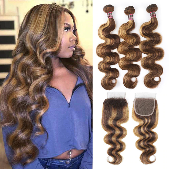 Highlight P4/27 Body Wave 3 Bundles with 4x4 Lace Closure Human Hair