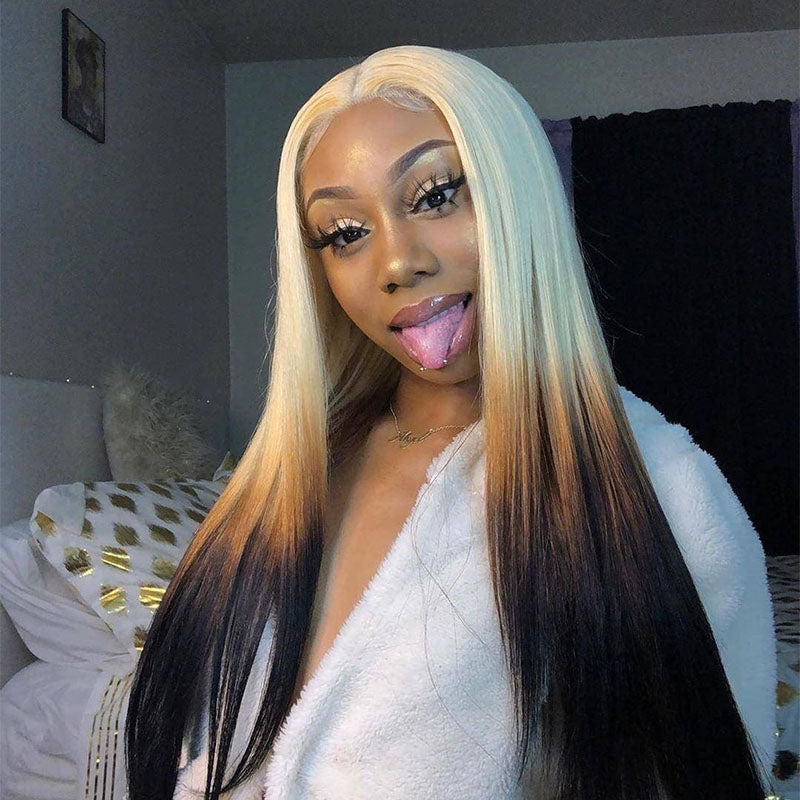 Ombre Blonde & Black Straight 13x4/4x4 Lace Closure perruque 150%/180% Densité